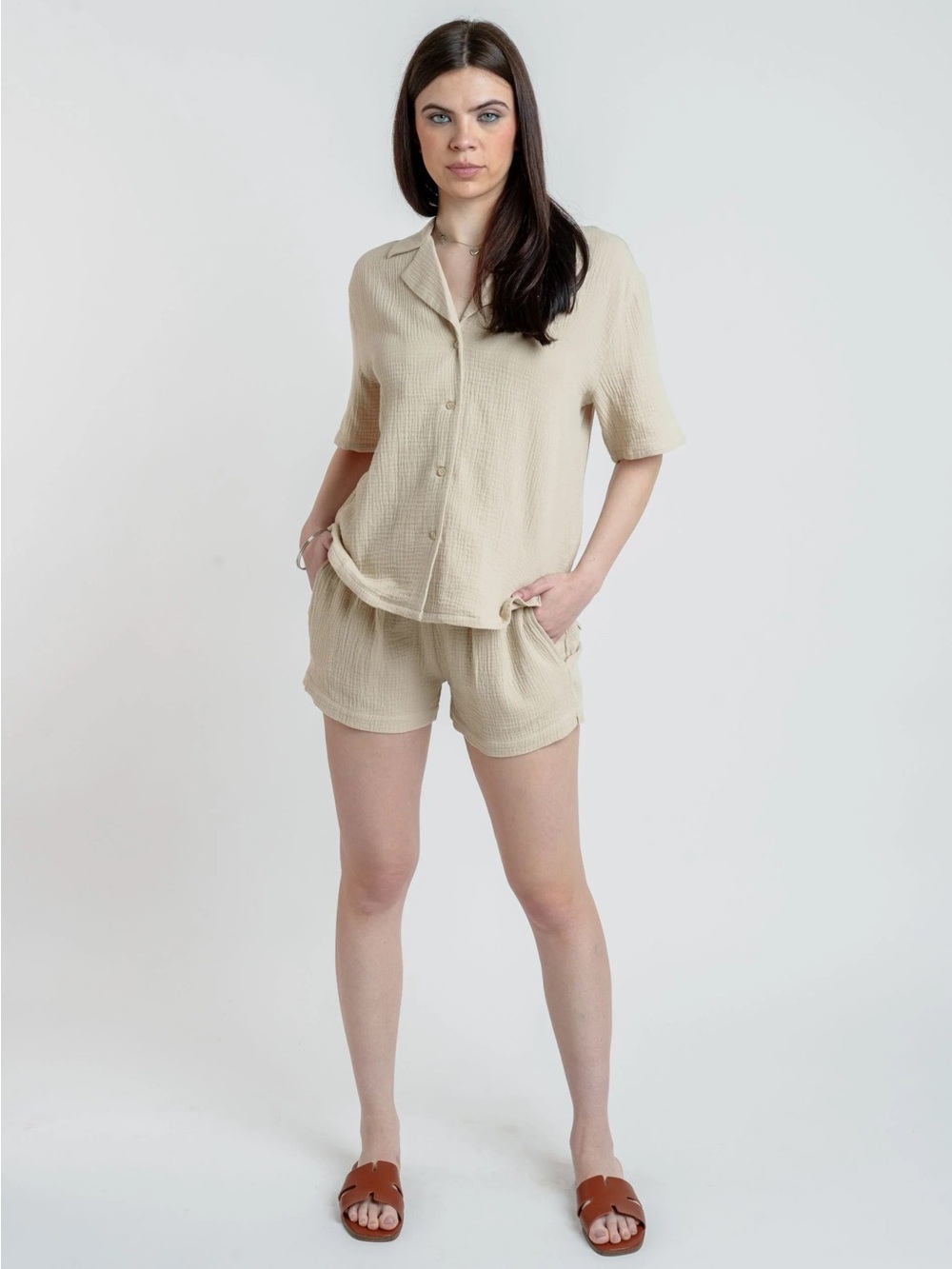 Hunter & Brown Beige Two-Piece Gauze Lounge Set Nothing To Wear Shorts Set Small